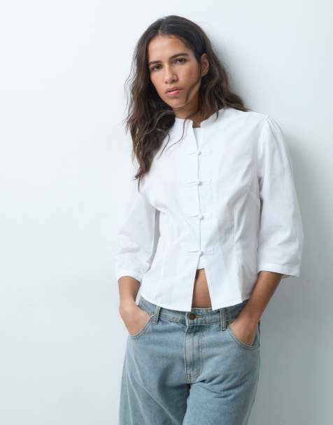 Miss Selfridge tailliertes Hemd im Mandarin-Stil mit 3/4-Ärmeln in Weiß - view 1