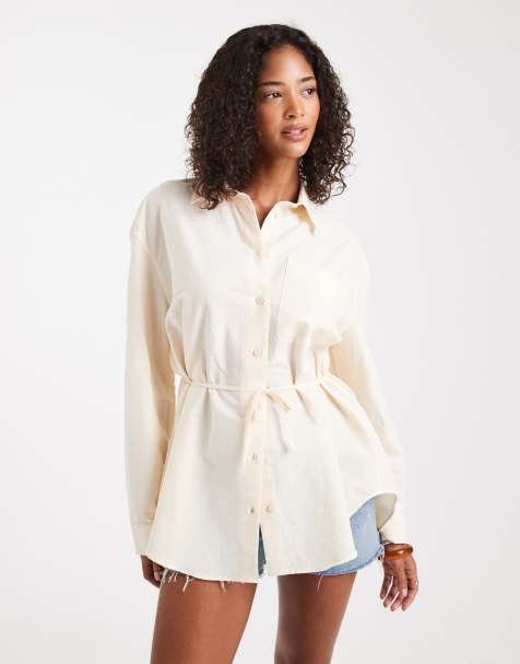 Miss Selfridge – Tailliertes Oversize-Hemd aus Leinen in Buttermilchgelb - view 1