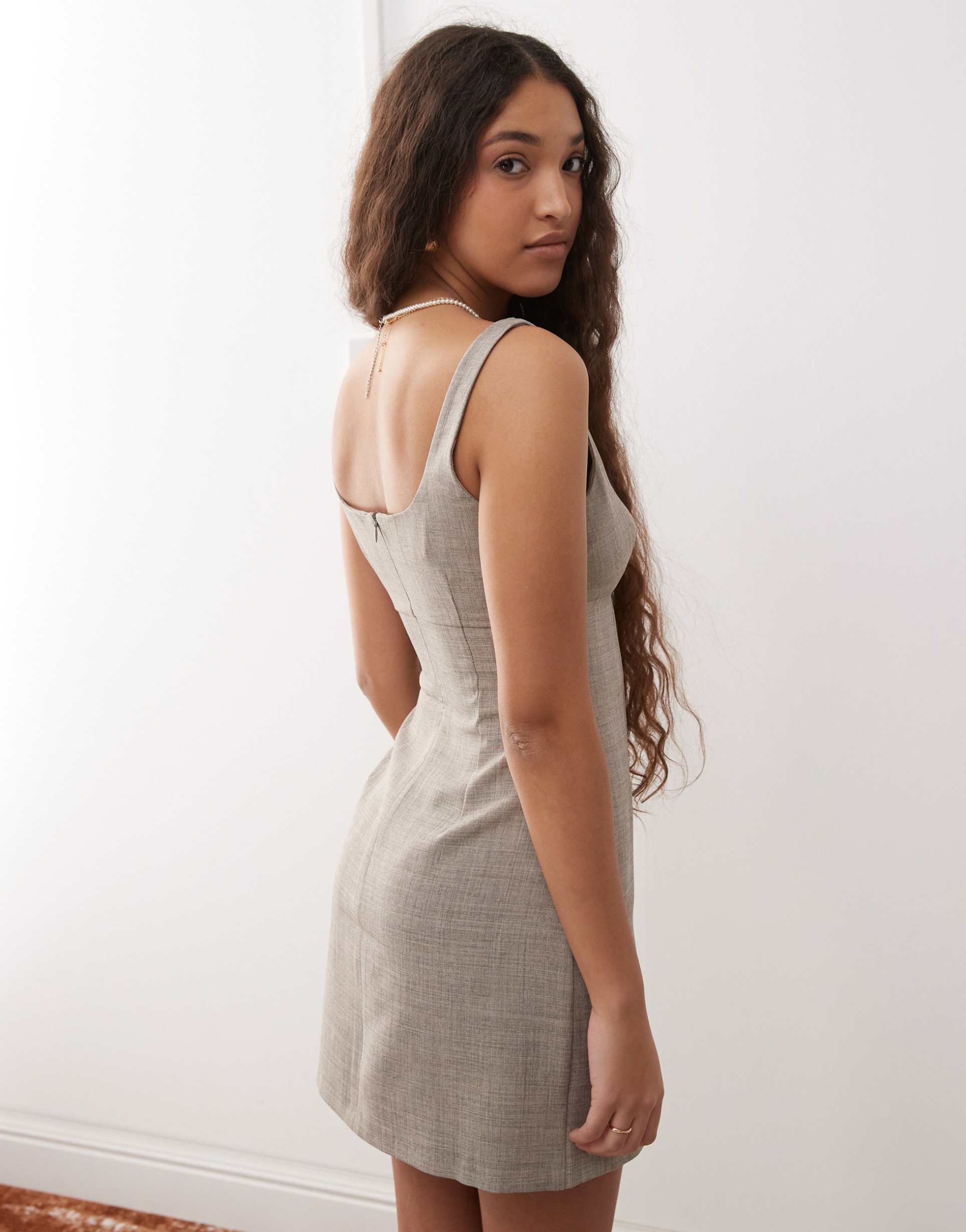 miss selfridge tailored a-line pinafore dress in warm gray