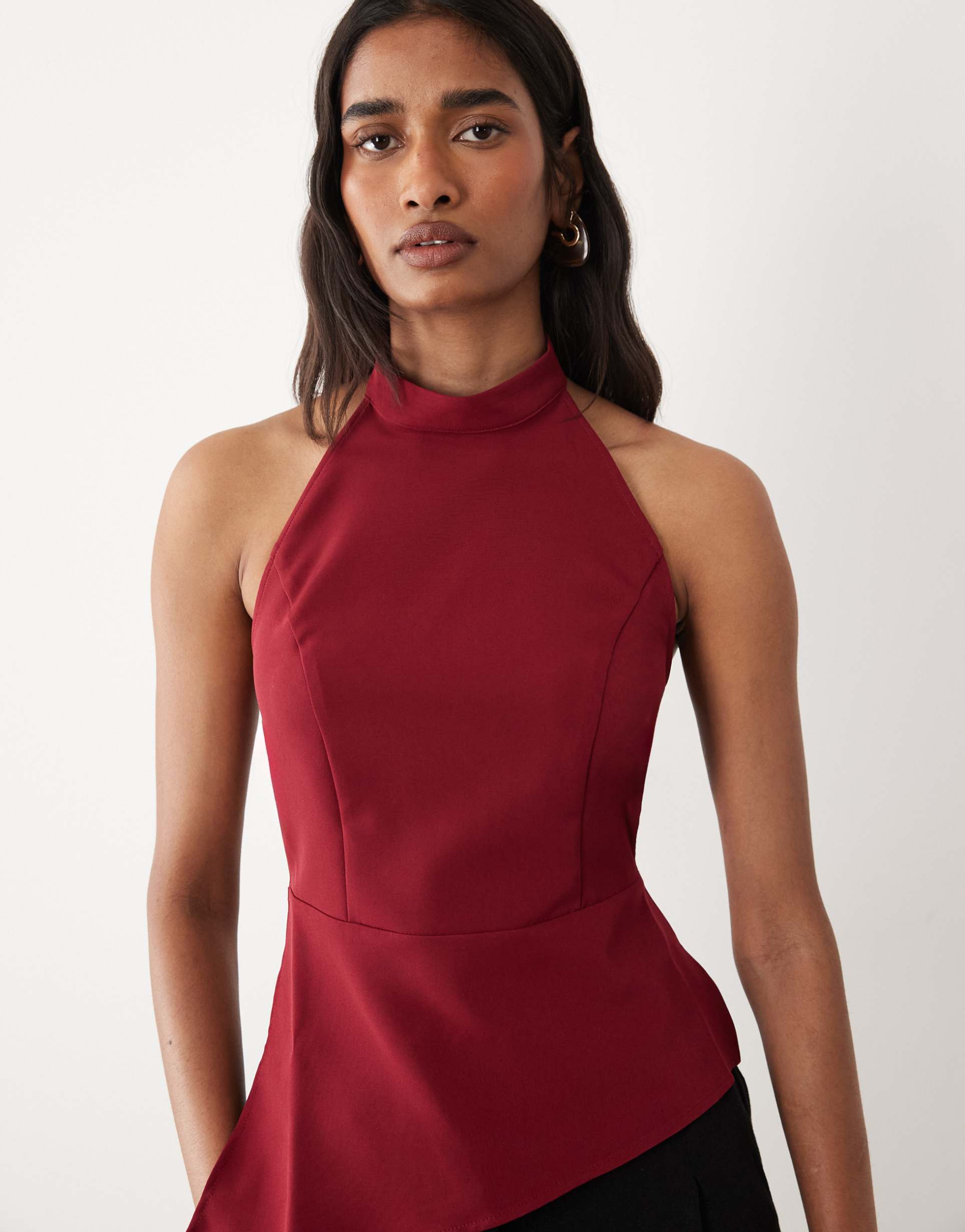 miss selfridge tailored backless halter top in cherry