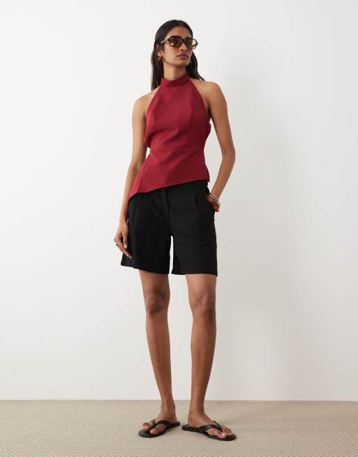Miss Selfridge tailored backless halter top in cherry, 4 of 4