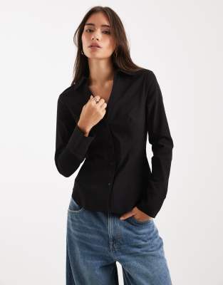 Miss Selfridge Tailored Bengaline Shirt In Black
