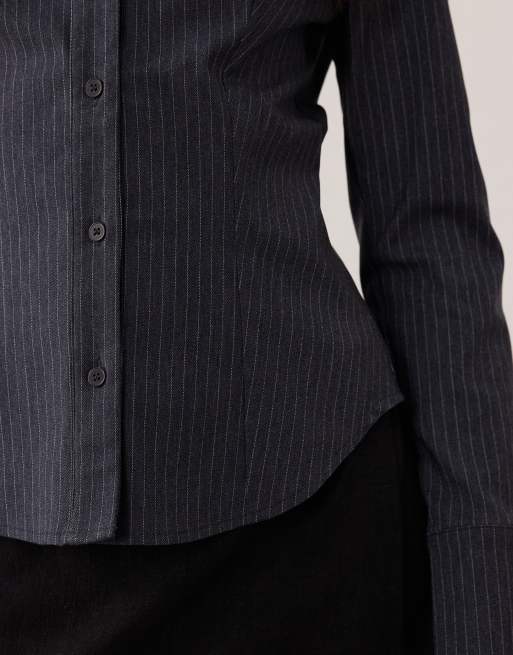 Miss Selfridge tailored bengaline shirt in navy pinstripe, 3 of 4