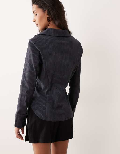Miss Selfridge tailored bengaline shirt in navy pinstripe, 4 of 4