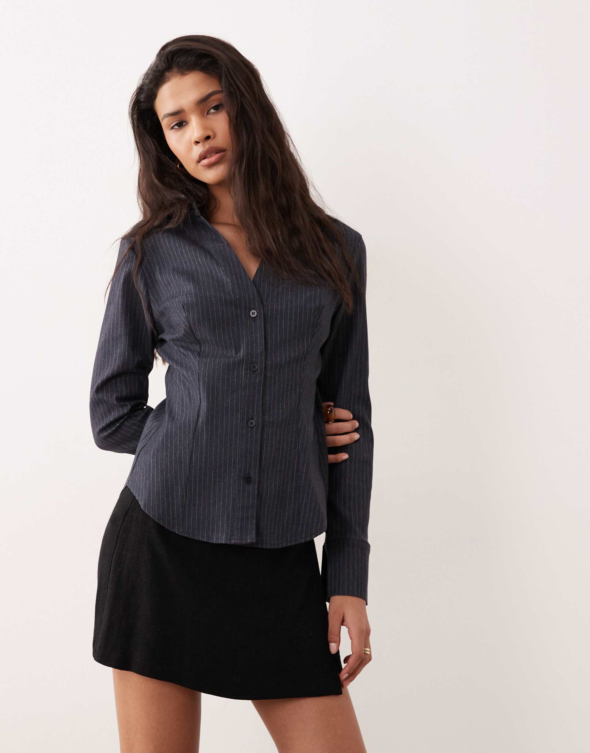 miss selfridge tailored bengaline shirt in navy pinstripes