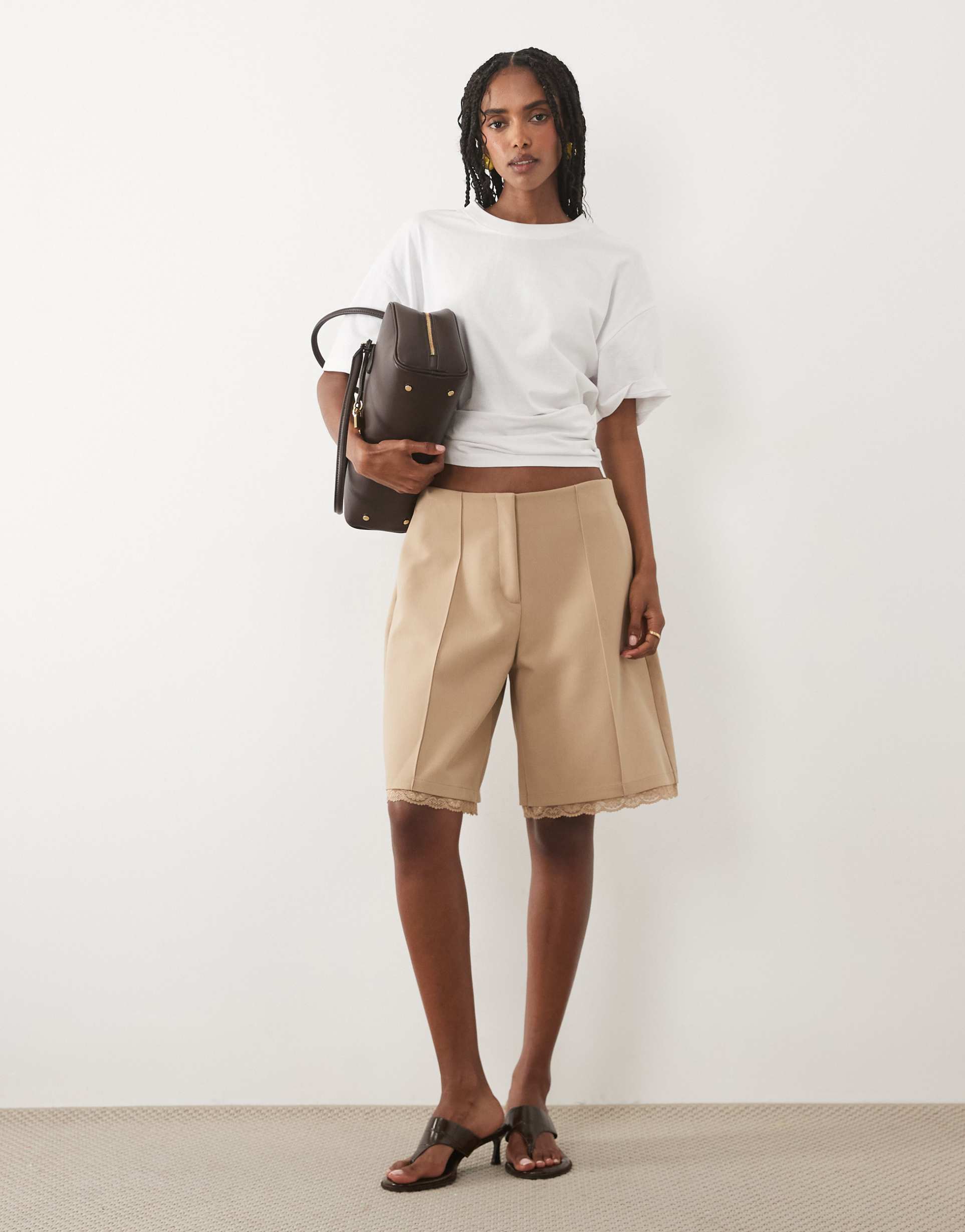 miss selfridge tailored bermuda shorts with lace trim in neutral