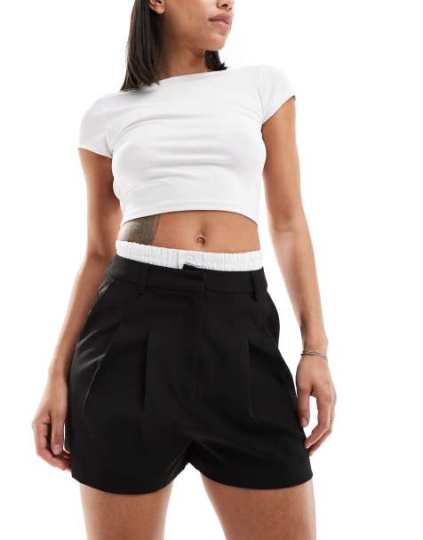 Miss Selfridge tailored boxer waistband shorts in black - view 1