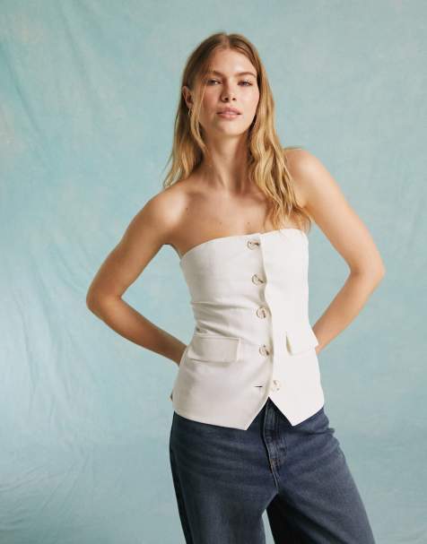 Miss Selfridge tailored button up bandeau top in ivory - view 1