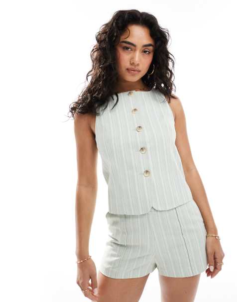 Miss Selfridge tailored button up vest in green stripes - part of a set - view 1