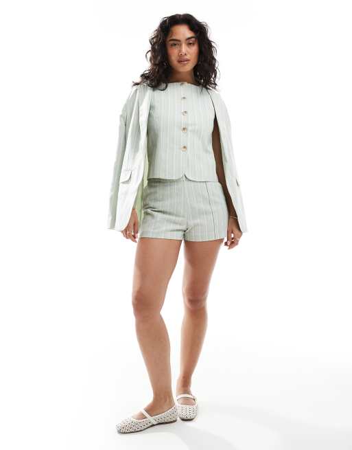 Miss Selfridge tailored button up vest in green stripes - part of a set, 3 of 4
