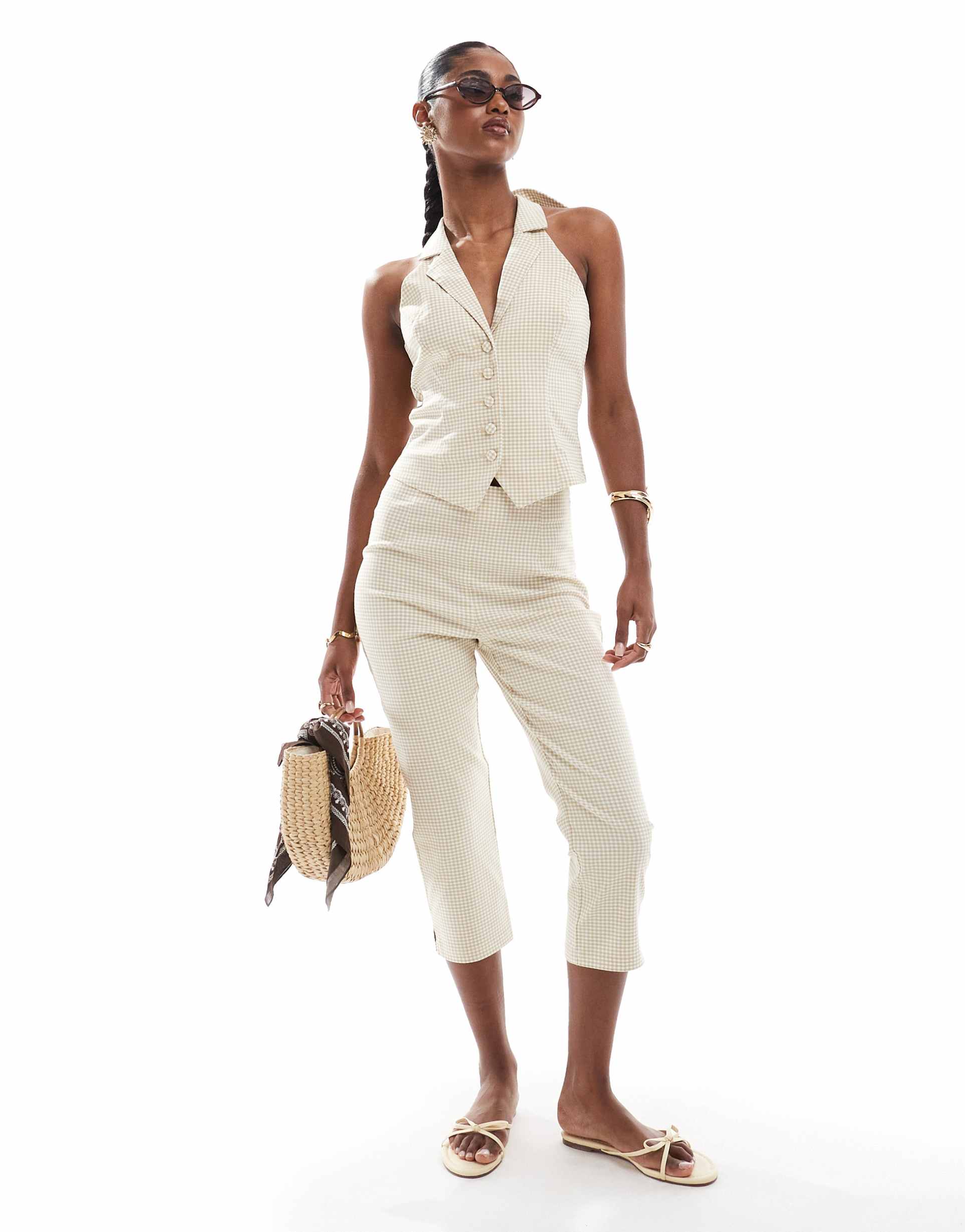 miss selfridge tailored capri pants in neutral gingham - part of a set