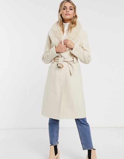 Miss Selfridge tailored coat with detatchable faux fur trim in cream