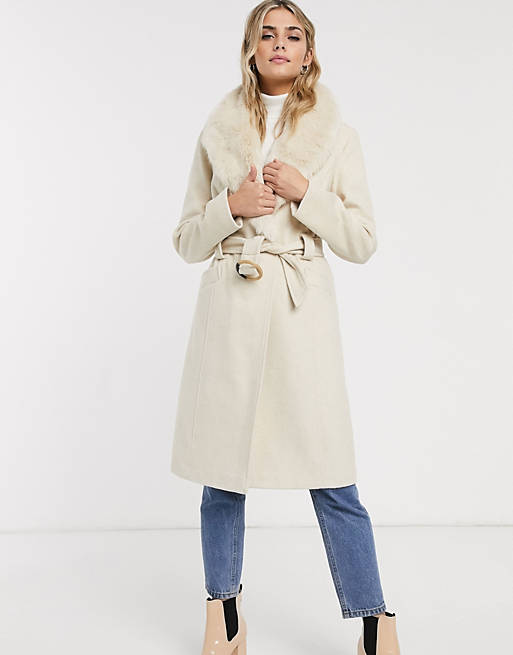 Miss Selfridge Tailored Coat With, Miss Selfridge Faux Fur Collar Belted Coat