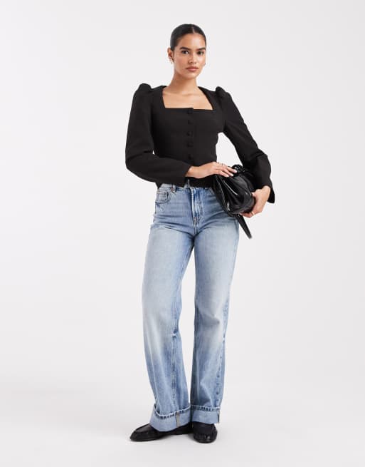Miss Selfridge tailored collarless puff sleeve top in black, 2 of 4