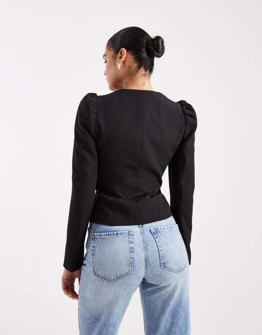 Miss Selfridge tailored collarless puff sleeve top in black, 3 of 4