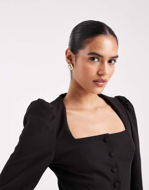 Miss Selfridge tailored collarless puff sleeve top in black, 4 of 4