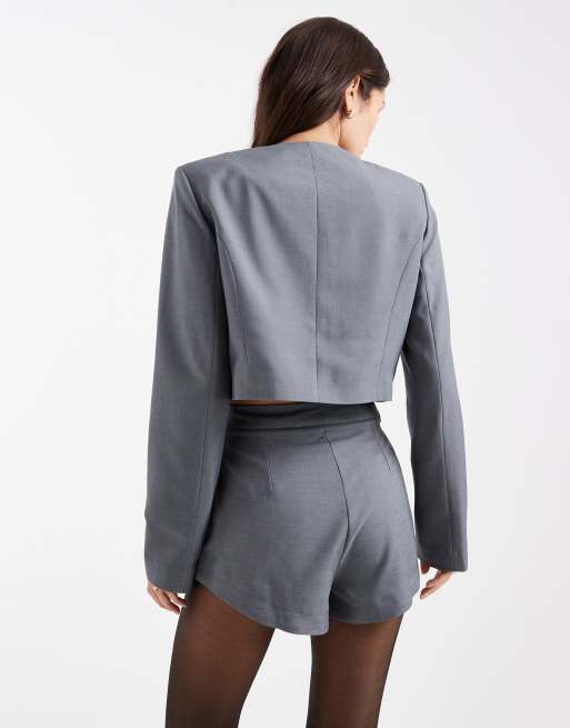 Miss Selfridge tailored cropped blazer co-ord in grey, 4 of 4