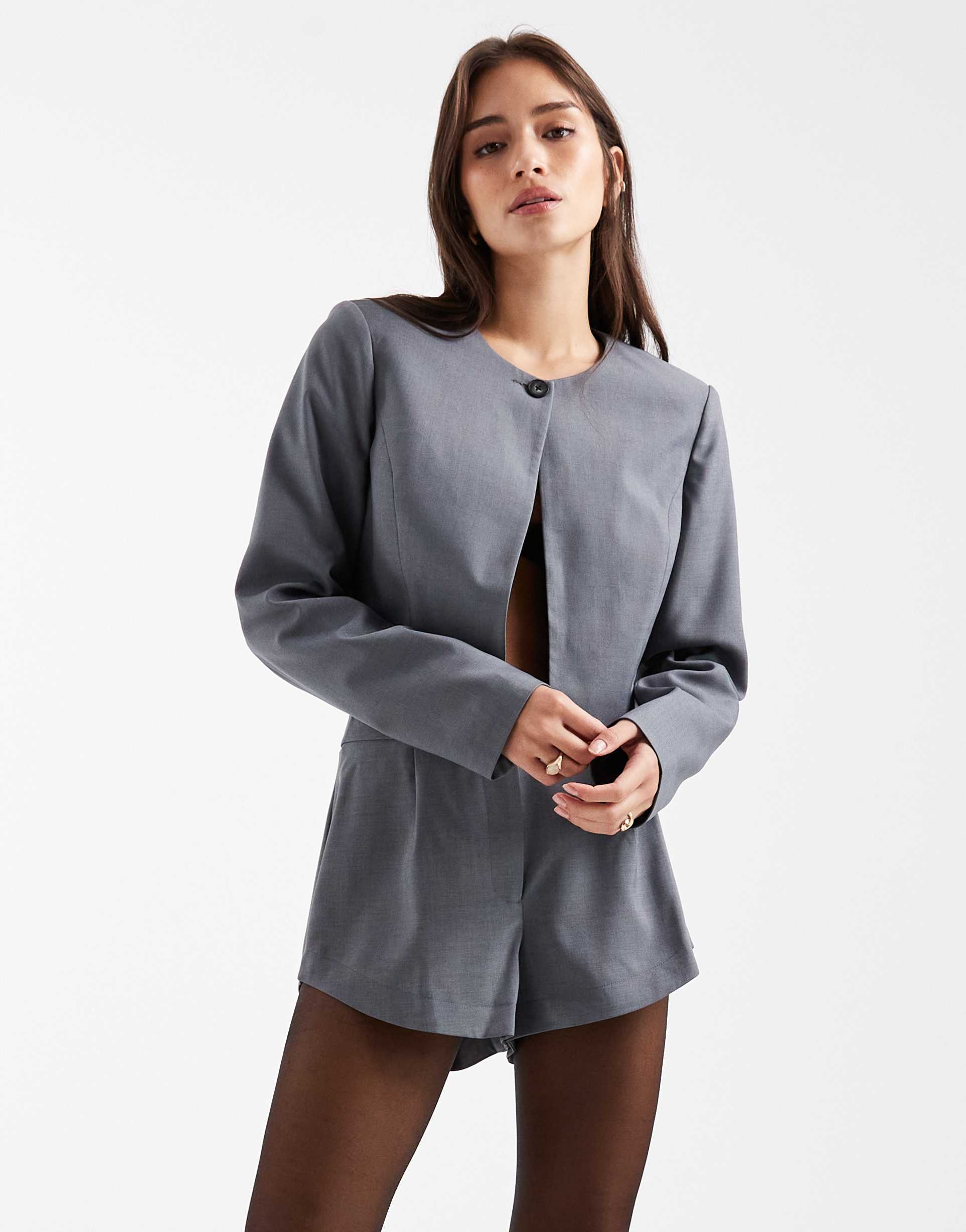 miss selfridge tailored cropped blazer in gray - part of a set