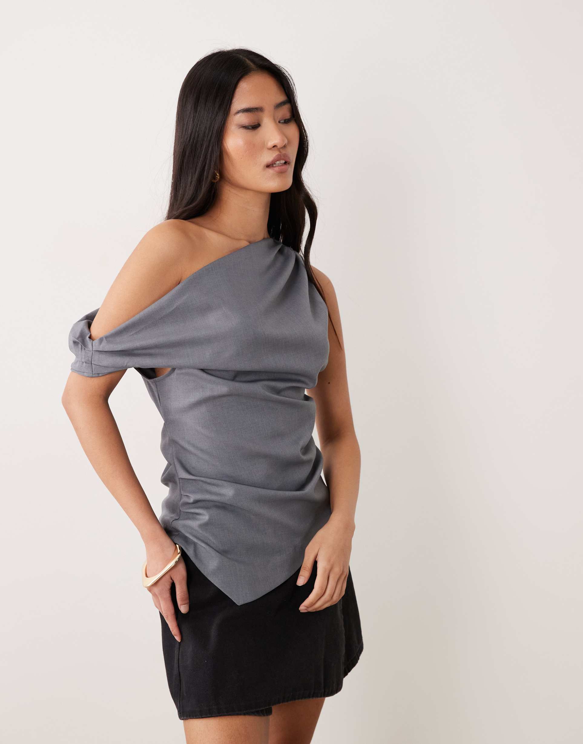 miss selfridge tailored drape top in gray