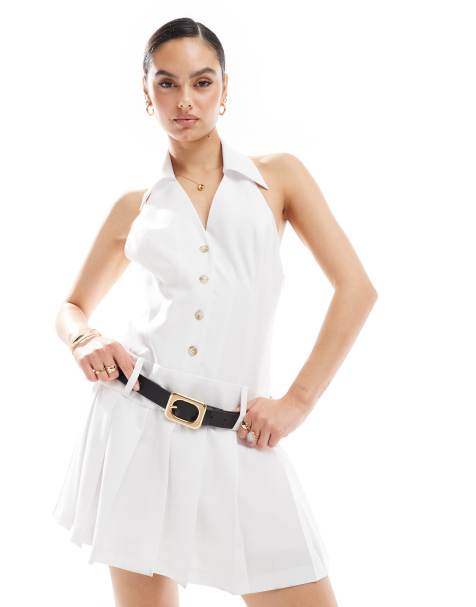 Miss Selfridge tailored halter collared flippy mini dress in ecru - view 1