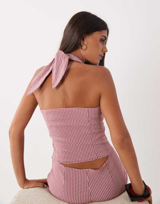 Miss Selfridge tailored halter top in red gingham (part of a set), 2 of 4