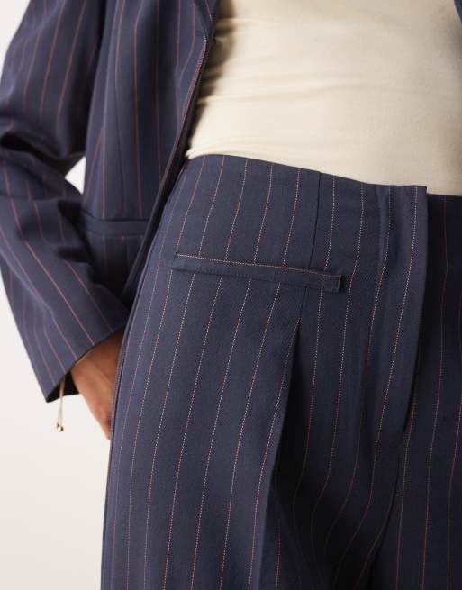 Miss Selfridge tailored high waist pants in navy pinstripe, 3 of 5