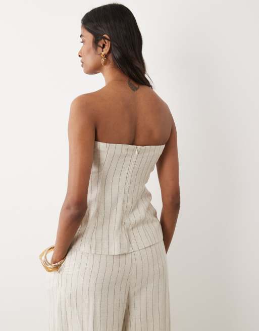 Miss Selfridge tailored linen look bandeau top in neutral stripe, 3 of 4