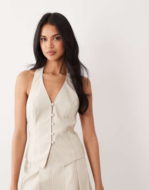 Miss Selfridge tailored linen look halter top in beige stripe - view 1