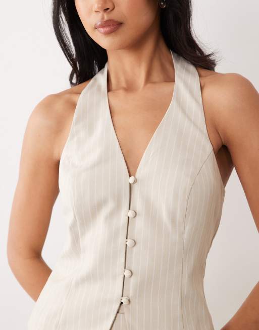 Miss Selfridge tailored linen look halter top in beige stripe, 3 of 4