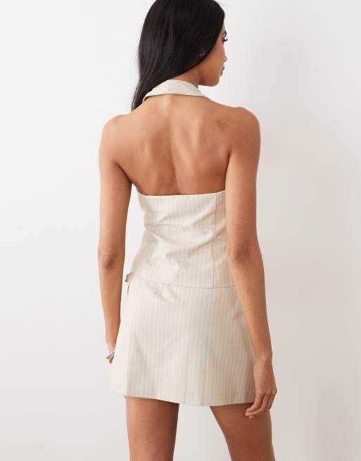 Miss Selfridge tailored linen look halter top in beige stripe, 4 of 4
