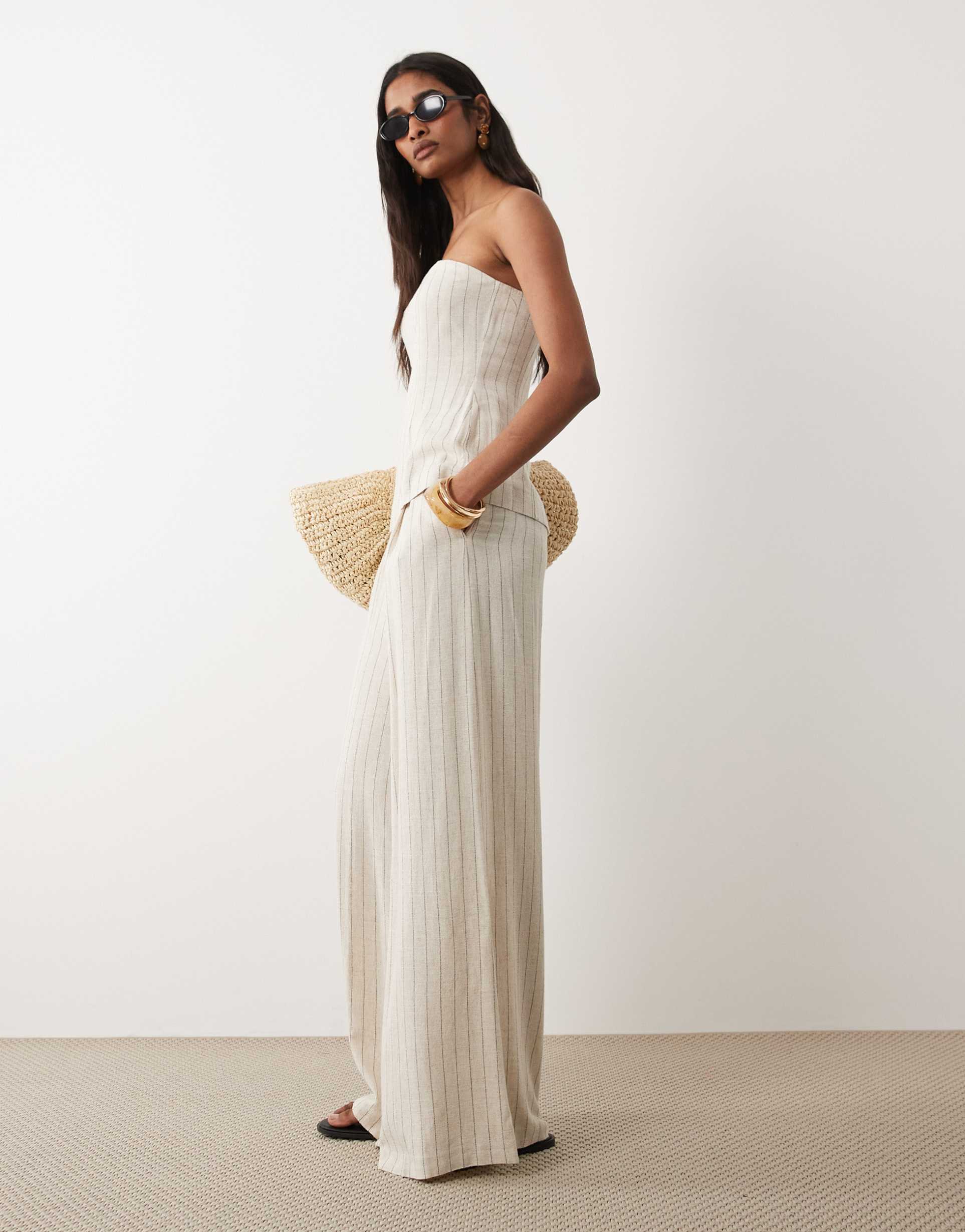miss selfridge tailored linen look palazzo pants in neutral stripe