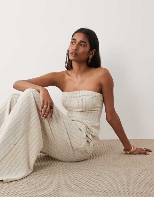 Miss Selfridge tailored linen look palazzo pants in neutral stripe, 2 of 5