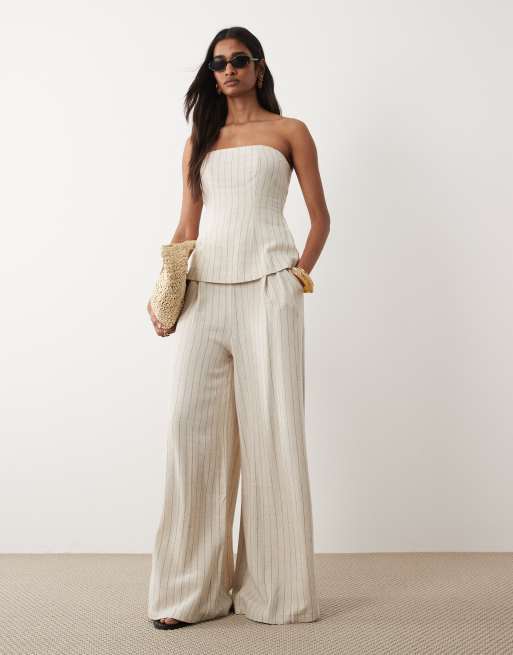 Miss Selfridge tailored linen look palazzo pants in neutral stripe, 3 of 5