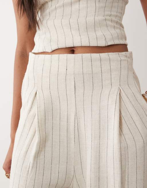 Miss Selfridge tailored linen look palazzo pants in neutral stripe, 5 of 5