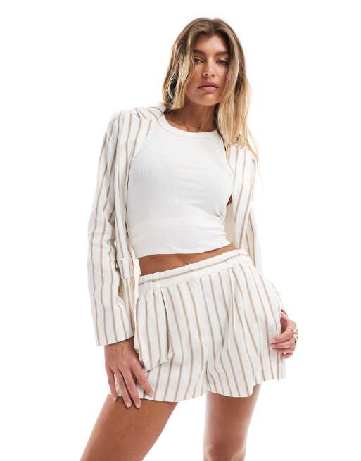 Miss Selfridge tailored linen look shorts in neutral stripe - part of a set, 2 of 5