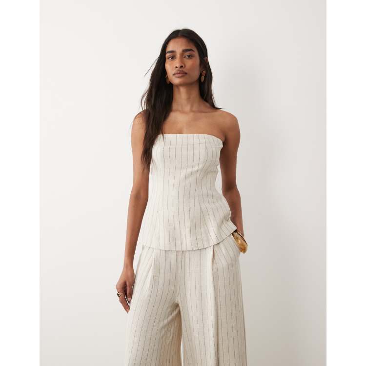 Miss Selfridge tailored linen mix bandeau top in neutral stripe | ASOS