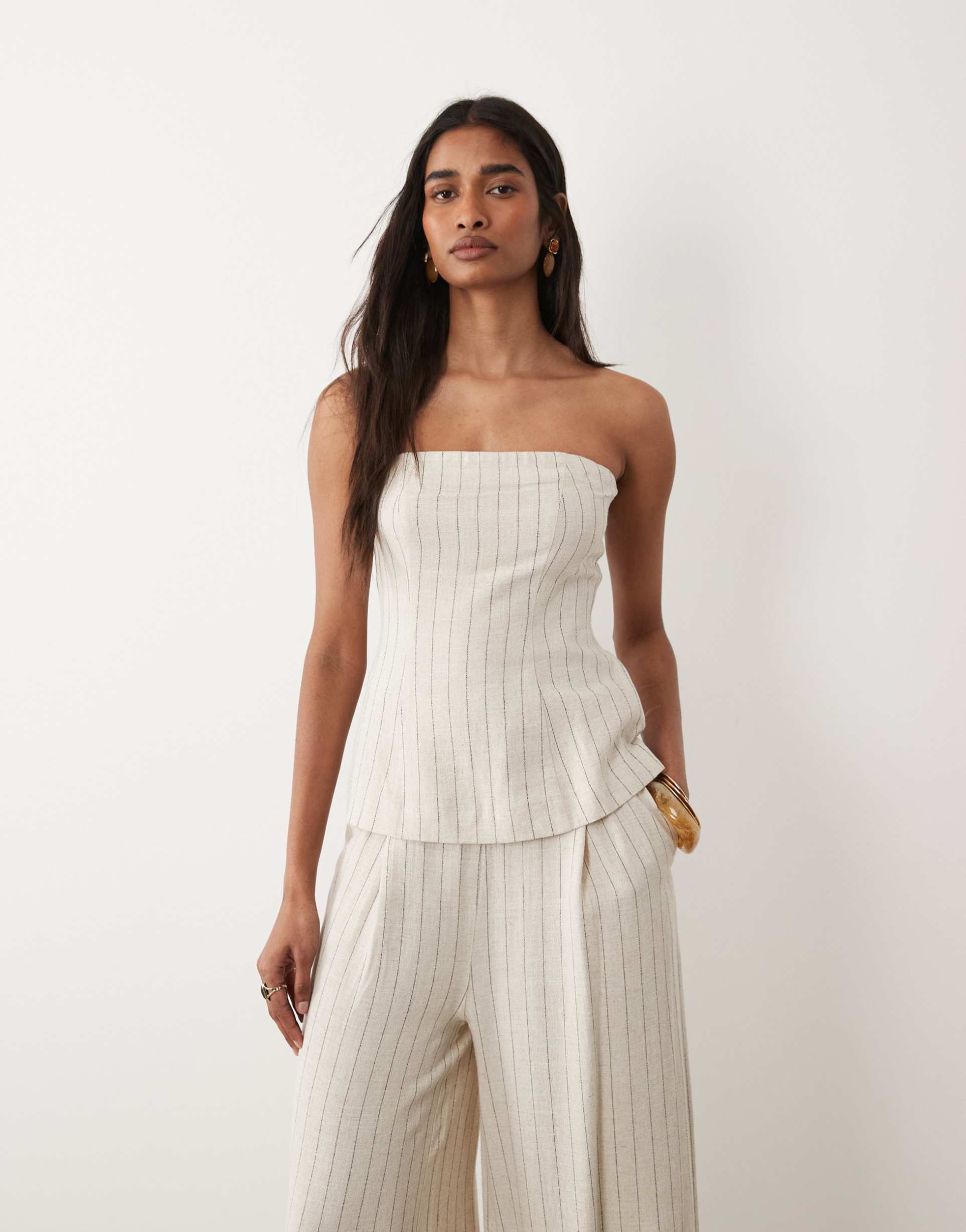 miss selfridge tailored linen mix bandeau top in neutral stripe