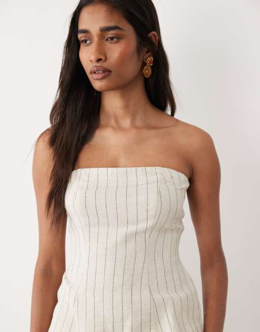 Miss Selfridge tailored linen mix bandeau top in neutral stripe, 4 of 4