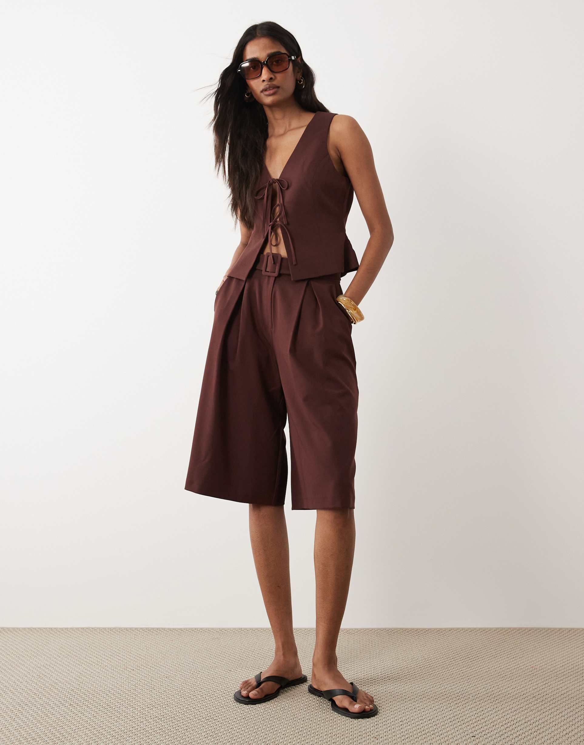 miss selfridge tailored longline shorts in chocolate - part of a set