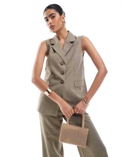 Miss Selfridge tailored longline waistcoat in khaki (part of a set) - view 1