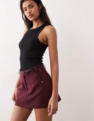 Miss Selfridge Tailored Micro Skort With Belt In Burgundy