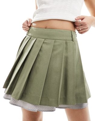 Miss Selfridge Tailored Poplin Layer Pleated Mini Skirt In Khaki-green