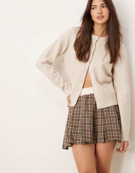 Miss Selfridge tailored rib trim pleated mini skirt in check in brown check - part of a set - view 1
