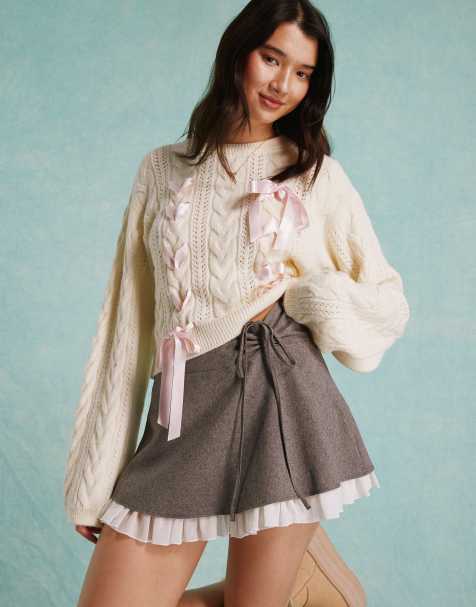 Plain Ruffled Bra Top / Plain Button-Up Shirt / Mid Waist Pleated Mini  A-Line Skirt / Belt / Set