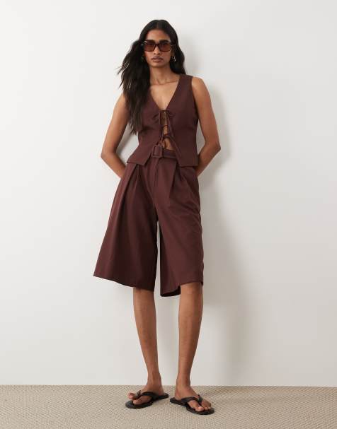 Miss Selfridge tailored tie front set in chocolate - view 1