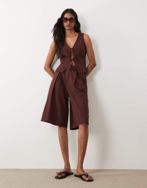 Miss Selfridge tailored tie front top co-ord in chocolate, 3 of 4