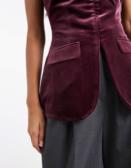 Miss Selfridge tailored velvet bandeau top in berry, 2 of 4