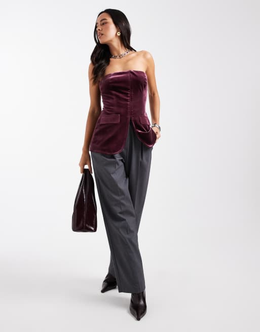 Miss Selfridge tailored velvet bandeau top in berry, 3 of 4