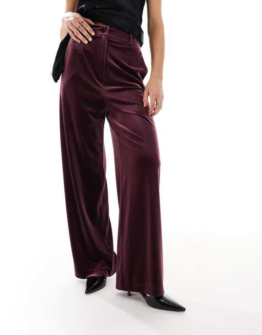 Miss Selfridge tailored velvet wide leg pants in berry, 4 of 5