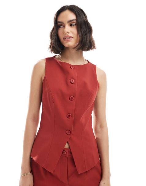 Miss Selfridge tailored vest in cherry red - part of a set - view 1